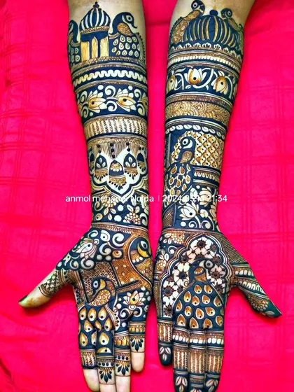 A striking design that uses bold, dark-fill techniques to make the patterns stand out. The peacocks and architectural elements are prominent, creating a high-contrast, dramatic look.