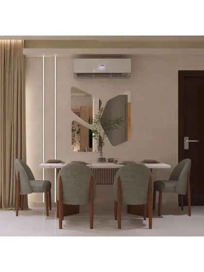 A frontal view of the dining set, highlighting the unique organically shaped wall mirrors and vertical light strips that add a modern, artistic flair to the space.