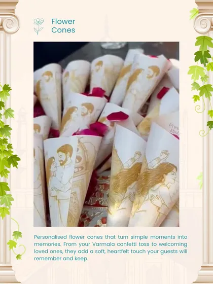 It's the little things that make moments memorable. These personalized flower cones, printed with the couple's illustration, are perfect for guests to shower the newlyweds with petals during the varmala or their grand exit.