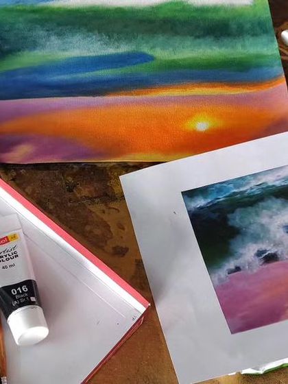 Our studio setup for an advanced acrylic class, showing a student recreating a complex seascape from a reference image.