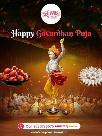 Happy Govardhan Puja. Celebrate with offerings of traditional sweets like Gulab Jamun and Kaju Katli, and may your life be filled with abundance.