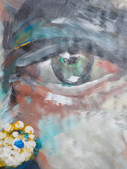 A close up on the eye in my painting "Colors." I used a single mural brush to play with color and texture, letting the emotion guide my hand.