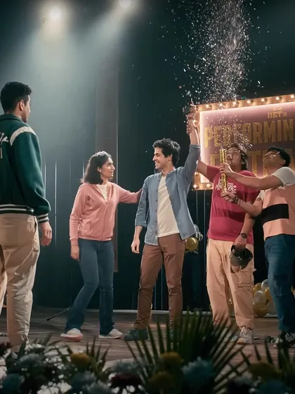 Capturing the energy of college life was key for this Casio ad. I styled the cast in relatable, contemporary outfits, including this classic varsity jacket, to create an authentic performing arts festival scene that connects with a youthful audience.