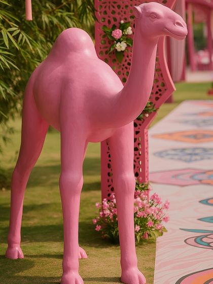 A close-up of the life-sized pink camel prop, showcasing the fun and thematic details that make each event I design a unique story.