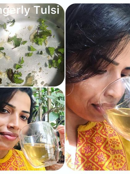 My daily immune-boosting cup of ginger and tulsi tea. Tulsi has antiviral and antibacterial properties, while ginger is a powerful anti-inflammatory. This simple drink helps manage stress, detoxifies the body, and keeps infections at bay.