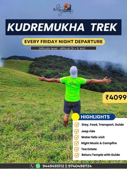 The Kudremukha trek is a difficult but incredibly rewarding 18 km journey. Our package includes everything you need: transport, stay, food, guides, and even a jeep ride and waterfall visit.