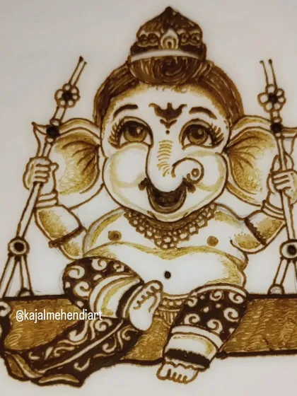 A clear, centered shot of the Ganesha portrait, showcasing the clean and precise application of the henna.