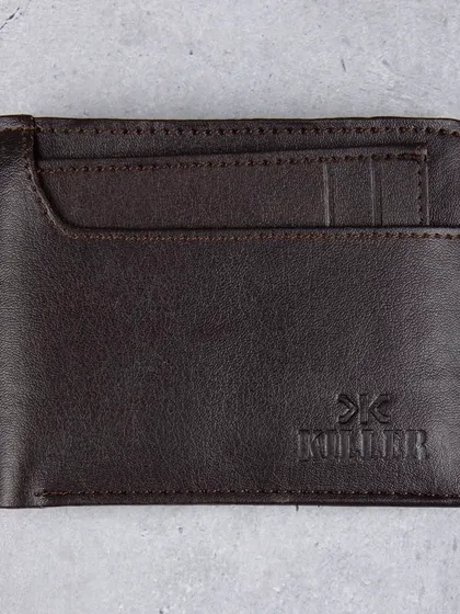 A flat, front-facing shot of a dark brown leather wallet.