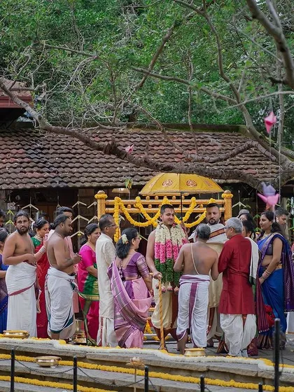 A wide shot of a wedding ceremony taking place at the Pond Pavilion, with guests seated on the steps of the Kalyani.