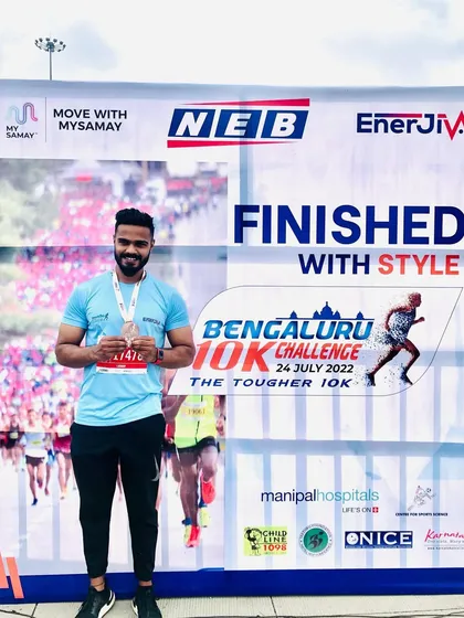 We don't just train in the gym, we compete. Finishing the Bengaluru 10k challenge is about setting a goal and crushing it. I encourage my clients to join me in events like this to test their fitness and celebrate their progress.