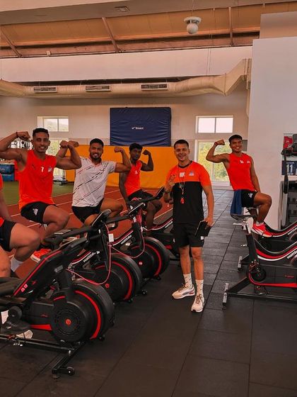 Job done. The boys flexing after a tough conditioning session on the Wattbikes. We work hard, and we celebrate the effort.