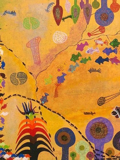 Amit Harit's art depicts the intricate and often unseen interactions in nature. This painting is a vibrant ecosystem of its own, filled with whimsical creatures and forms that suggest a hidden, surreal world.