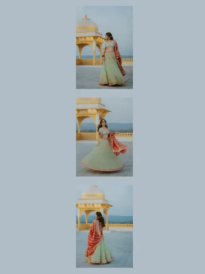 A triptych of the bride twirling in her lehenga on a rooftop, showcasing the flow and beauty of her outfit.