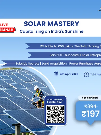 A promotional graphic for our "Solar Mastery" webinar, this image shows a large array of solar panels. It emphasizes our system for scaling from a small to a large solar enterprise and our ability to help clients join over 500 successful solar entrepreneurs.