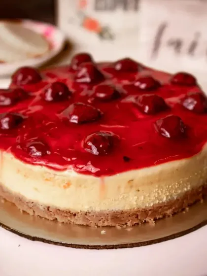 This is our classic Strawberry Cheesecake, a favorite for its bright and fresh flavor. The sweet strawberry topping is the perfect partner for the smooth, decadent cheesecake beneath.
