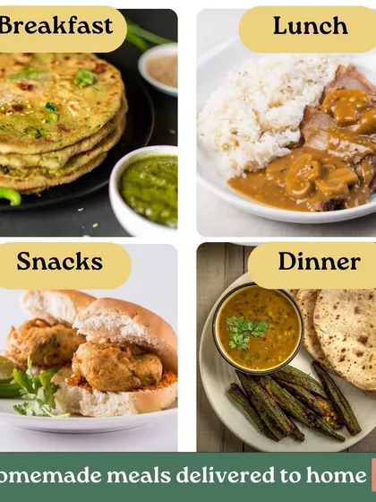 We have your whole day covered with our home-style cooking. This collage shows the variety we offer, from wholesome parathas for breakfast and comforting rajma chawal for lunch to tasty vada pav for snacks and a full dinner spread of dal, sabzi, and roti.