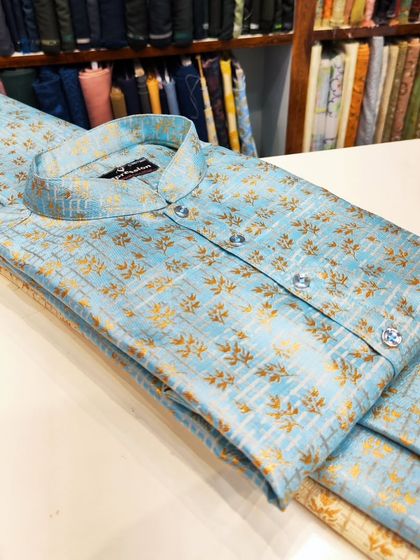 A beautiful sky blue kurta with a gold foil print pattern, part of my 2024 festive collection.