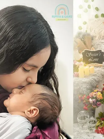 A collage celebrating the bond between siblings. A gentle kiss from a big sister to her newborn brother is a memory to treasure forever.