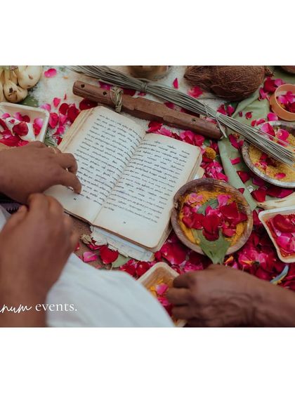 The textures and colors of the sacred items and flower petals used in the wedding rituals.