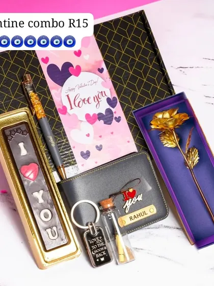 A complete Valentine's combo box for your special someone. It includes a personalized wallet, a golden rose, a custom pen, 'I LOVE YOU' chocolates, and a message in a bottle.