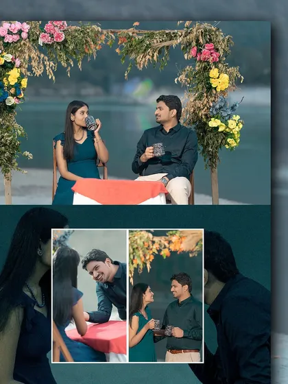 A cozy and intimate date setup by the river. This collage shows how a simple table, some flowers, and a cup of coffee can be the perfect setting for a heartfelt conversation or proposal.