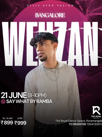 Poster for an Afro Fusion workshop with Wehzan, another top choreographer we've hosted.