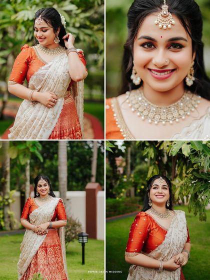 A collage of the bride's solo portraits, showcasing her elegance, beautiful attire, and radiant smile from different angles.