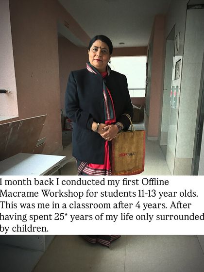 This was me in a classroom after four years, conducting my first offline macrame workshop for students aged 11-13. It felt like coming home.