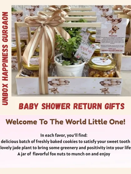 This graphic explains the contents of my baby shower return gifts, emphasizing the combination of delicious eatables and a lasting keepsake plant.
