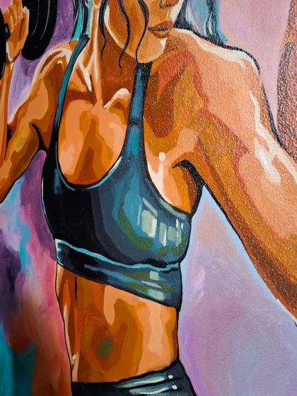 A close-up of the female figure in the gym mural, showing the detail in her form as she lifts a dumbbell.
