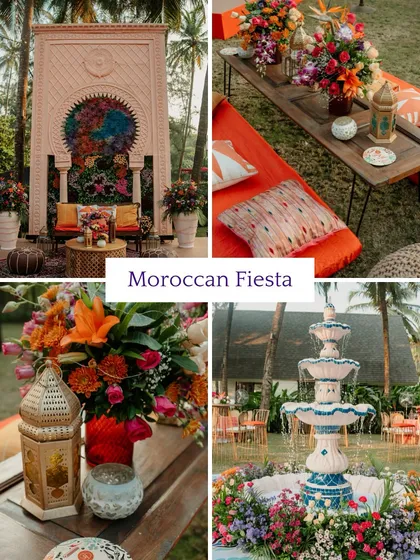 For a vibrant and exotic Mehendi, I designed this Moroccan Fiesta theme. It features rich colors, traditional lanterns, low seating with patterned cushions, and a beautiful water fountain to transport guests to another world.
