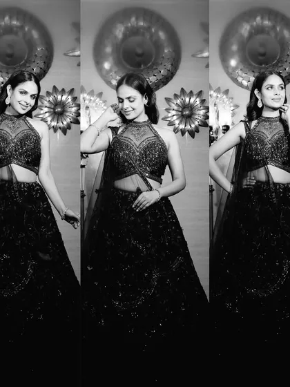 Serving looks in perfect sequence. A monochrome collage of a model in a stunning black sequined lehenga with a sheer midriff and halter neck.