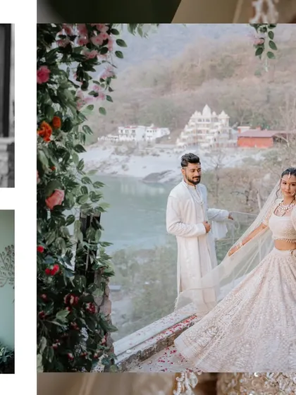 A collage capturing the essence of a Rishikesh wedding. From the stunning mountain views to the intimate moments by the river, it tells the story of a truly unique destination celebration.
