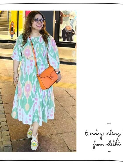 Roshni from Delhi looking radiant with her Tuesday Sling in a bright Carrot orange. It's a pop of color that brings so much joy to any outfit.