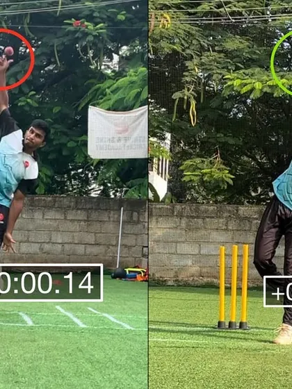 This image shows the full comparison. The release timing was corrected from 0.14s to 0.16s, a small but crucial change that significantly developed his consistency.