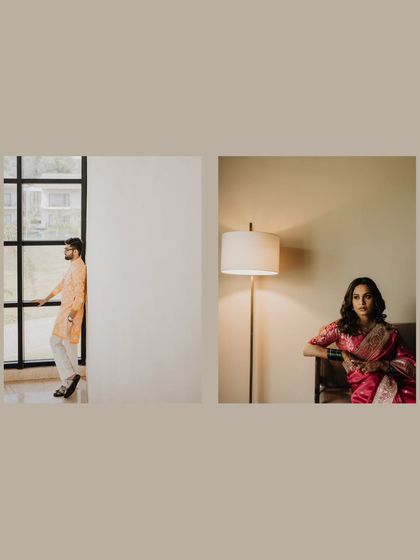 An artistic diptych of the couple in separate, moody portraits, creating a sense of anticipation.