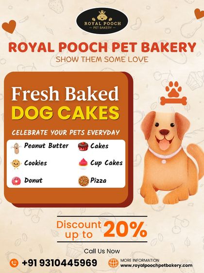 This graphic gives you a peek at my full range of freshly baked dog cakes and other treats. I offer everything from peanut butter cakes and cookies to donuts and pizza to celebrate your pets every day.