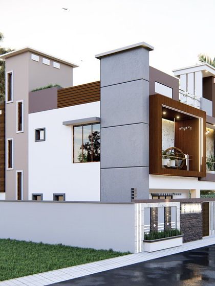 A side view of a contemporary villa design, showcasing multiple projecting blocks and recessed windows. This architectural approach creates visual interest and defines different functional zones within the home.