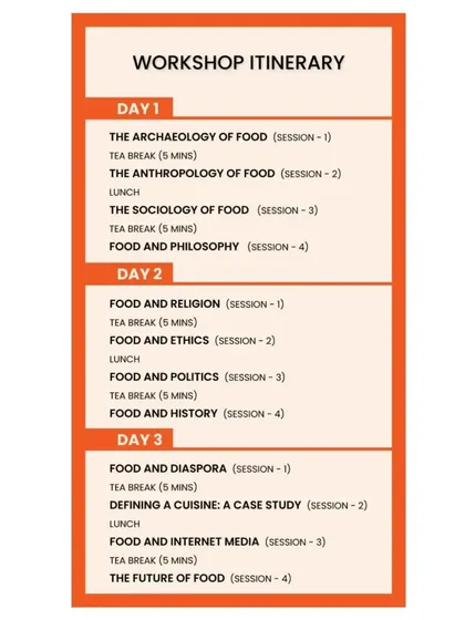 The full itinerary for our 'Studying Food Workshop'. This is an academic and practical exploration of food's role in our world.