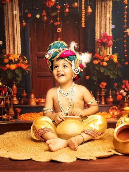 A happy, smiling Krishna surrounded by pots of 'butter'. The rich colors and details make this a feast for the eyes.