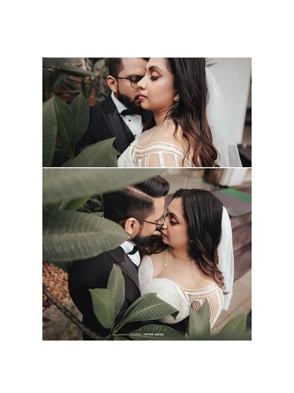 A romantic collage of the couple framed by lush green leaves, capturing their intimacy.