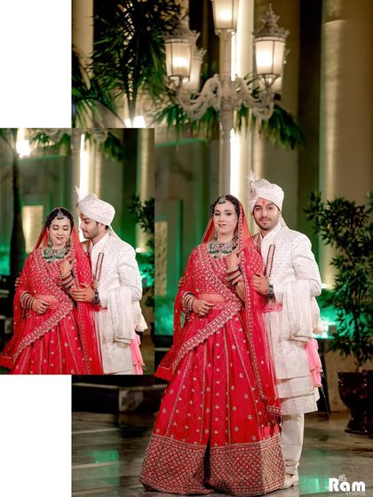 A collage of the couple's wedding portraits taken at night, showcasing their elegant red and white outfits against a beautifully lit backdrop.