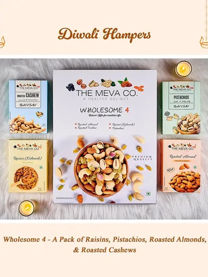 For a wholesome and healthy gift, we offer this premium dry fruit collection. It includes four varieties of roasted almonds, cashews, pistachios, and raisins, perfect for nutritious snacking during the festivities.