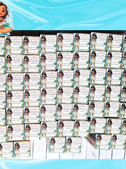 For a Moana-themed party, I created these custom wrappers for the temperature bottle boxes, featuring the birthday girl's name, Avani.