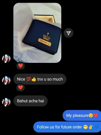 'Bahut acha hai' (It is very good). Simple and heartfelt feedback from a happy customer about their personalized wallet.