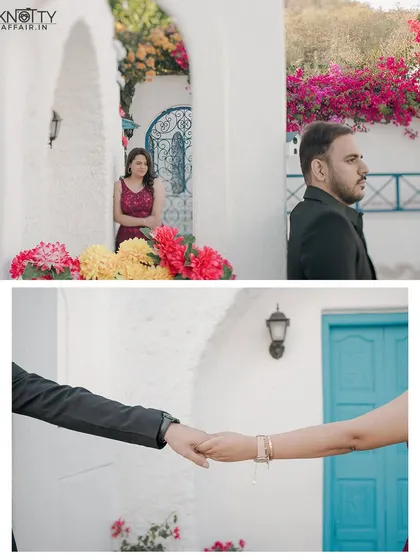 Creative compositions at the Santorini-themed location. A stolen glance through an archway and a close-up of their hands tell a story of connection.
