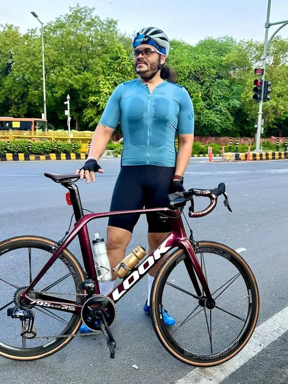 A member posing with his stylish LOOK bike before the start of our Sunday ride.