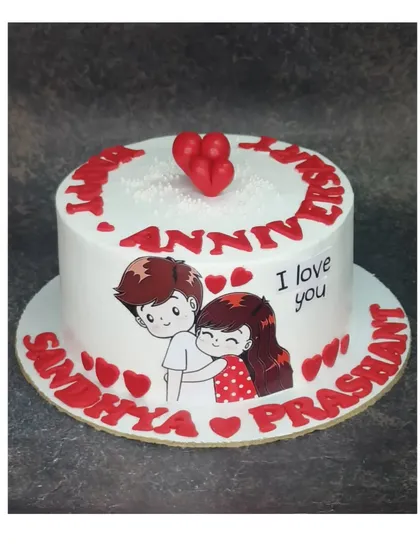 A sweet and simple wedding anniversary cake with a fresh pineapple flavor. The cake is decorated with a cute couple illustration and red hearts.