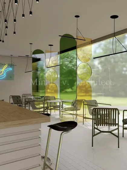 A modern cafe concept exploring the use of light and transparency. The colorful glass panels act as artistic dividers, adding visual interest while maintaining an open, spacious feel throughout the interior.
