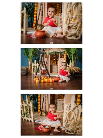 A collage of a baby boy enjoying his first Pongal photoshoot.